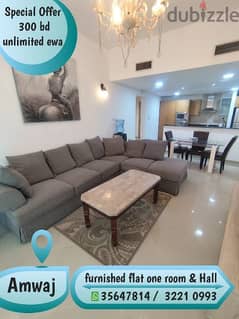 furnished flat for rent @ amwaj one room 300 bd includes ewa unlimited 0
