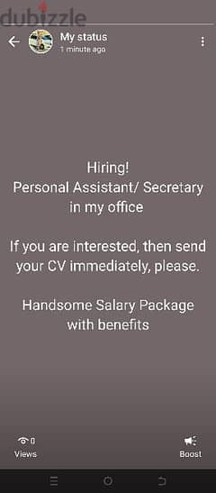 urgent need Personal Assistant Secretary