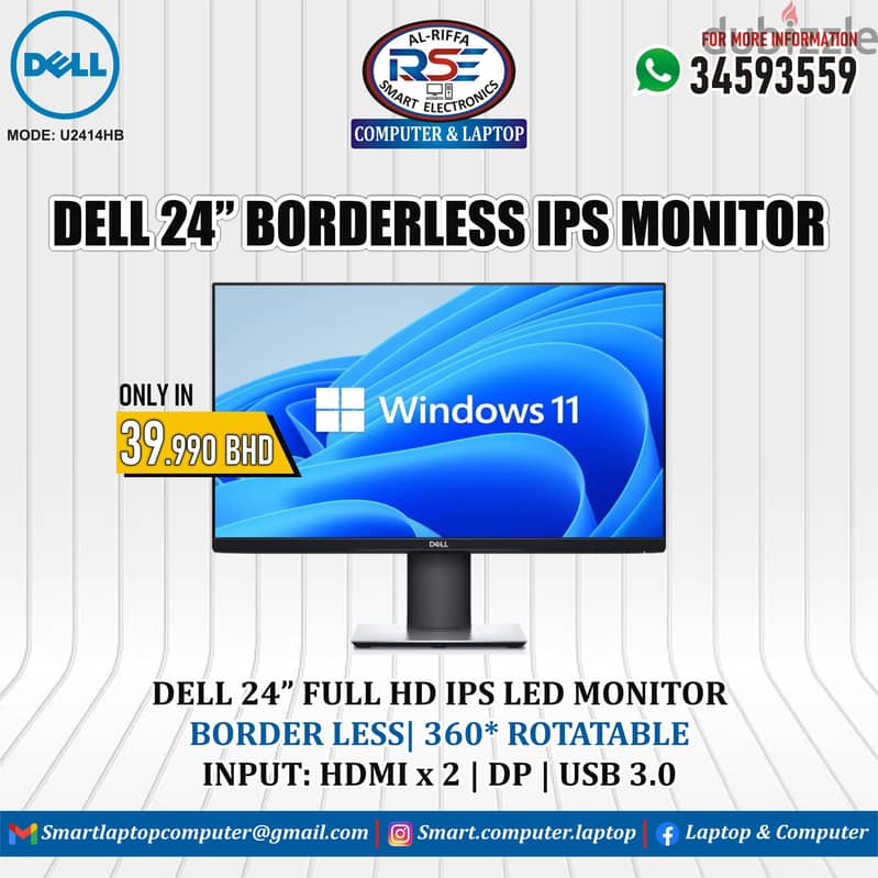 DELL 24" Borderless FULL HD Monitor HDMI 360*Rotatable Res. 1920 x 1080 1