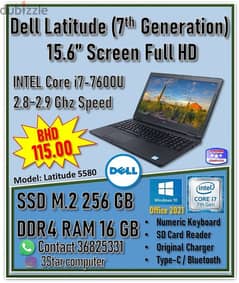 Dell Core i7 7th Generation 15.6"FHD Screen RAM 16GB SSD 256GB+FREE 0