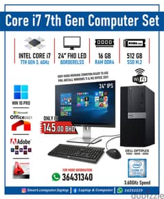 DELL Core i7 7th Generation Computer 24"FHD Monitor 16GB RAM 512GB SSD