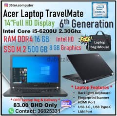 ACER Laptop Core i5 6th Gen 16GB RAM SSD 500GB 14"Screen 8GB Graphics 0