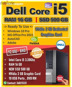 Dell Desktop PC Core i5 3.3Ghz RAM 16GB SSD 500GB Nvidia 2GB Graphics 0