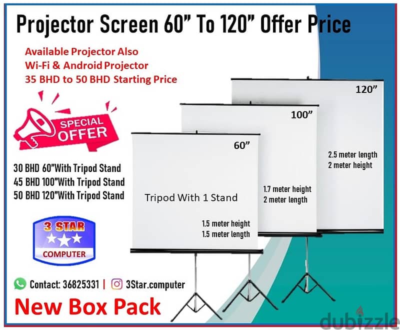New Box Pack Projector Screen 60",100",120",150" Tripod Stand/Wall Mou 0