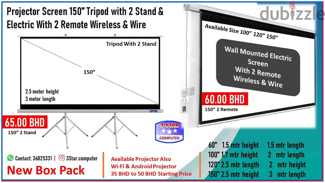 New Box Pack Projector Screen 60",100",120",150" Tripod Stand/Wall Mou 1