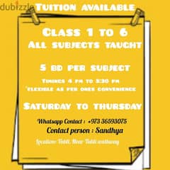 tuition available kg to class 6