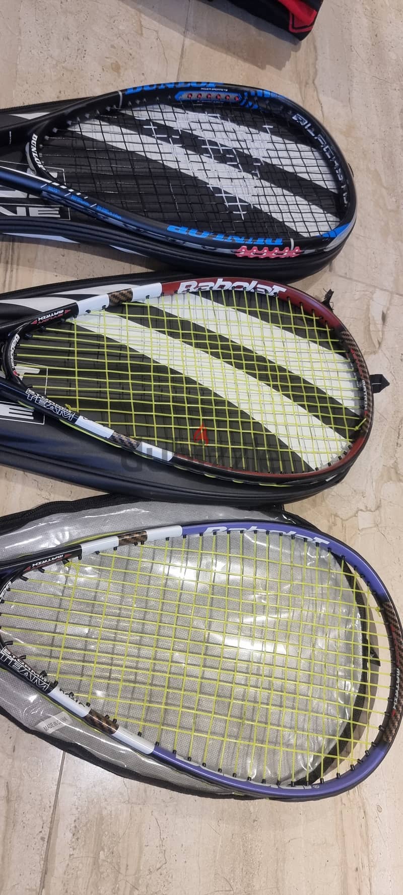 3 squash racquets, Babolat and Dunlop Carbon 3