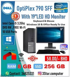 Dell SFF Core i5 Fast Computer Set 19"Monitor 8GB RAM 256GB SSD+Wi-Fi 0