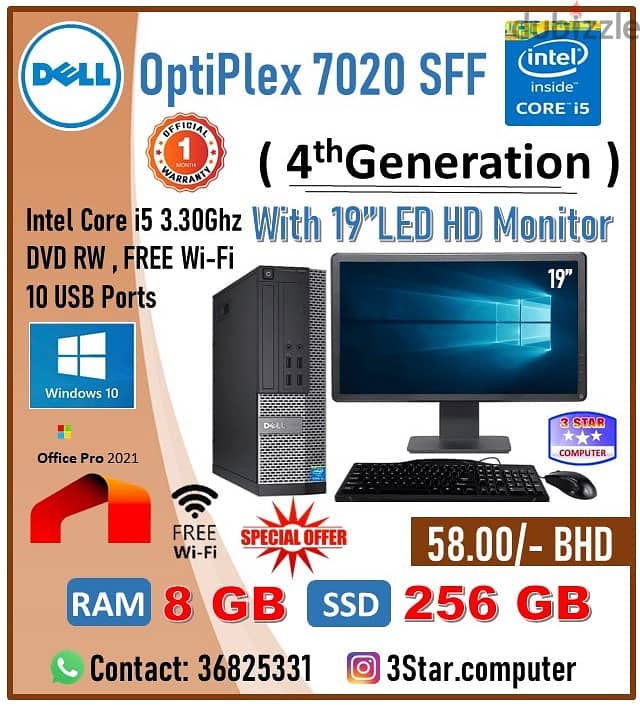 Dell 4th Gen Computer Set Core i5 3.3Ghz 19"Monitor 8GB RAM 256GB SSD 0