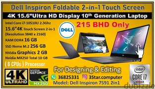 Dell Designing+Editing Laptop i7 10th Gen 15.6"4K Foldable 2GB NVidia
