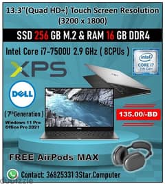 Dell XPS Laptop 16GB RAM Core i7 2.9Ghz 7th Gen 13.3"(Quad HD+) Touch