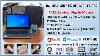 Dell Core I5 6th Gen Laptop 17.3"Screen RAM 16GB SSD 512GB FREE Bag+