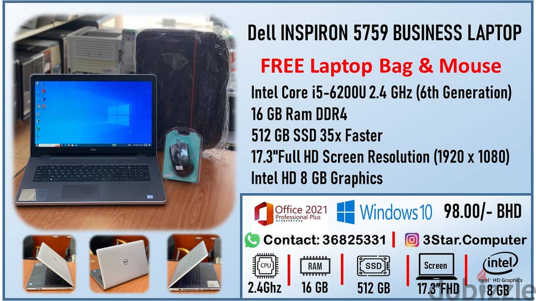 Dell Core I5 6th Gen Laptop 17.3"Screen RAM 16GB SSD 512GB FREE Bag+ 0