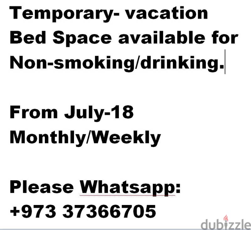 Temporary- Bed Space available -Non-smoking/drinking. 0