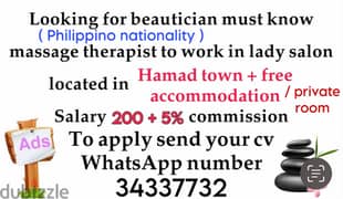 Beautician and massage therapist to join immediately