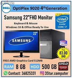 Dell Core i7 Computer Set 22"FHD Monitor 8GB RAM 500GB HDD FREE Wi-Fi