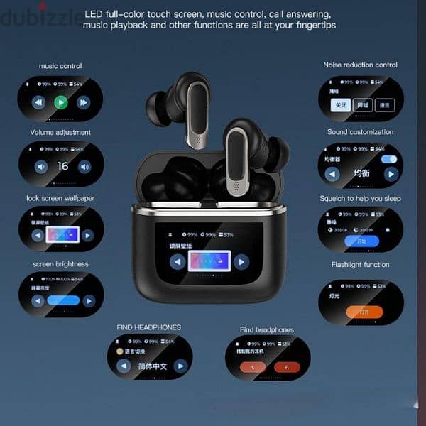 Wireless Earbuds with LCD Charging Case ANC Earphones Touch Screen 7