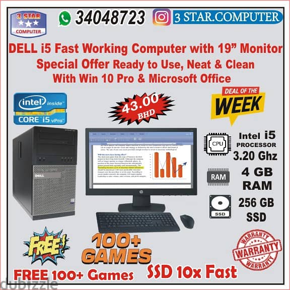 DELL i5 Fast Working Computer Set FREE 100+ Games 19" Monitor SSD 0