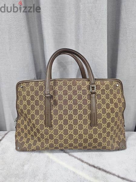 Gucci Light Brown Monogram Canvas Tote Bag Satchel 0