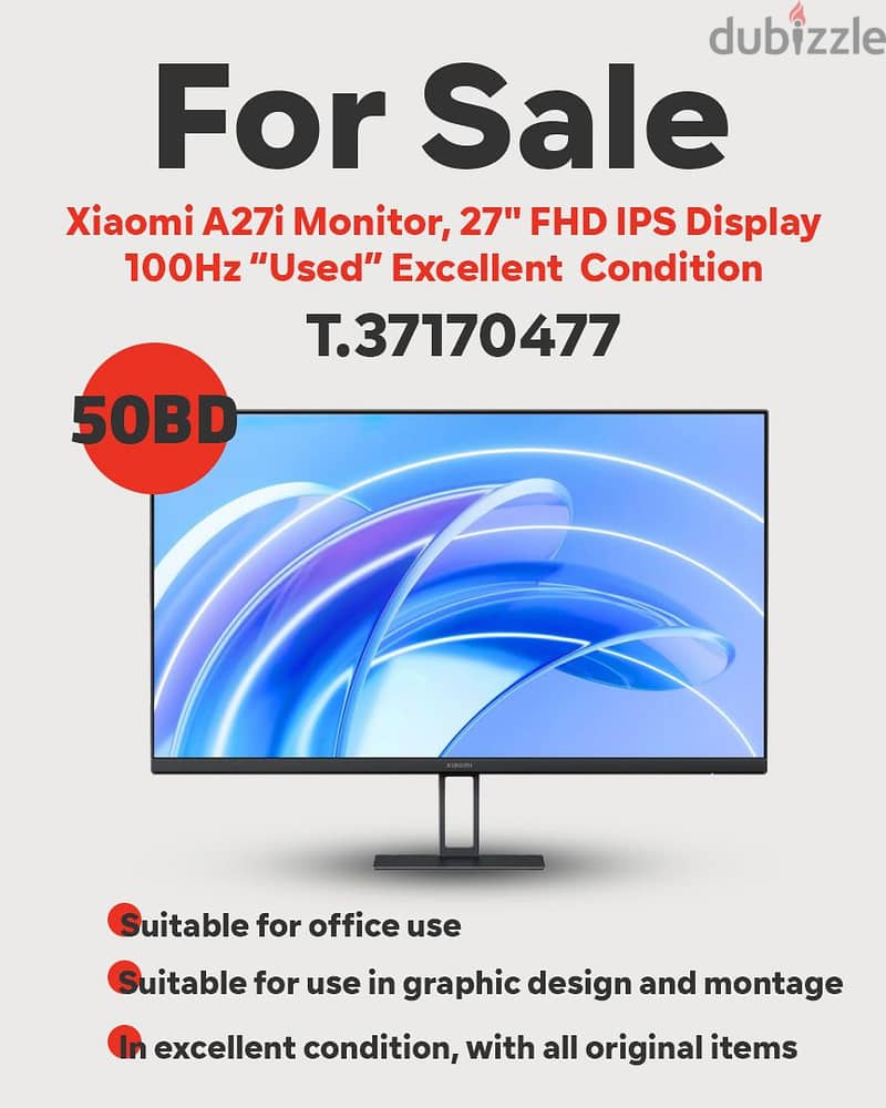 For Sale  Xiaomi A27i Monitor, 27" FHD IPS Display “Used” Excellent 0