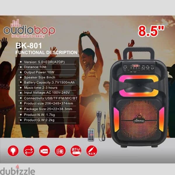 Audiobop Portable 8inch Super Bass HiFi Stereo Bluetooth Wireless 5