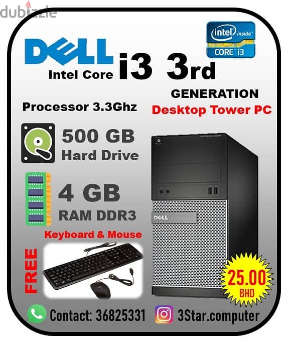 Dell Core i3 3.3Ghz Desktop PC 4GB RAM 500GB HDD FREE Keyboard & Mous 0