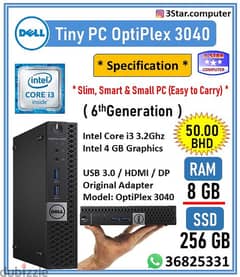 Dell Tiny PC Core i3 6th Generation Desktop Mini PC SSD 256 GB RAM 8 0