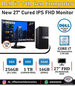 DELL i7 7th Gen Computer 27" Curved Monitor 16GB RAM SSD 256GB+1TB HDD