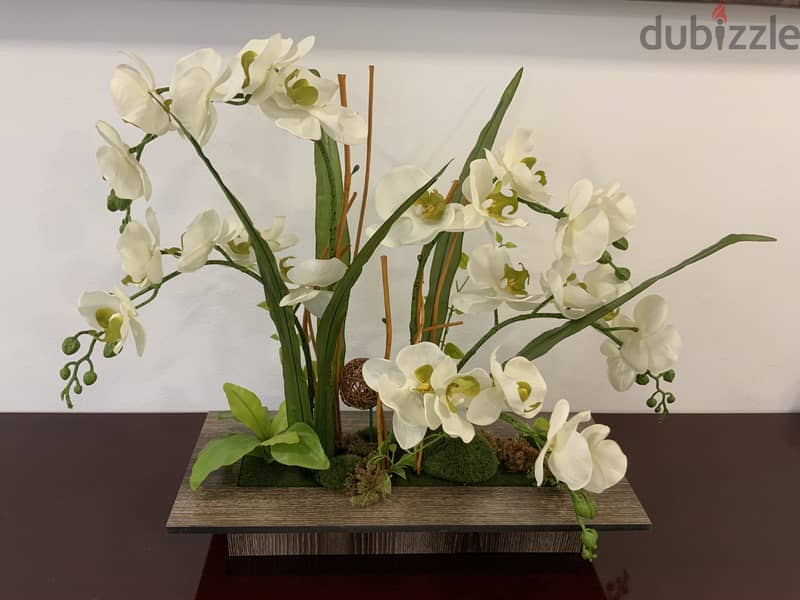 Artificial orchid with wooden vase 0