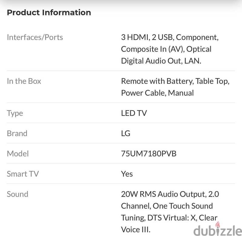 LG Ultra HD Smart LED TV 75UM7180PVB 75” - Good as new 2