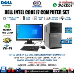 DELL i7 Computer NVidia 4GB Graphics Card 16GB RAM + 256GB SSD 19" LED 0