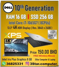 XPS Dell I7 10th Generation Laptop 4K HDR 13.3"Display 16GB RAM 256GB