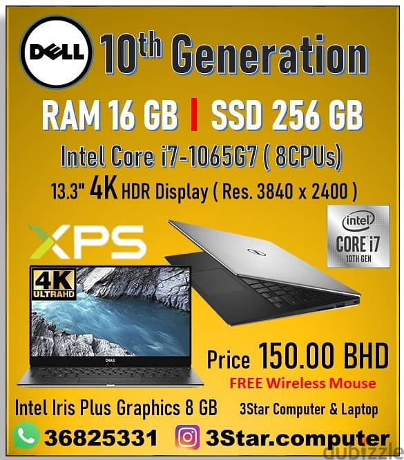 XPS Dell I7 10th Generation Laptop 4K HDR 13.3"Display 16GB RAM 256GB 0