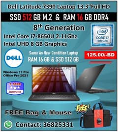 Dell Laptop Core i7 8th Generation 16GB RAM 512GB SSD UHD Graphic 8GB