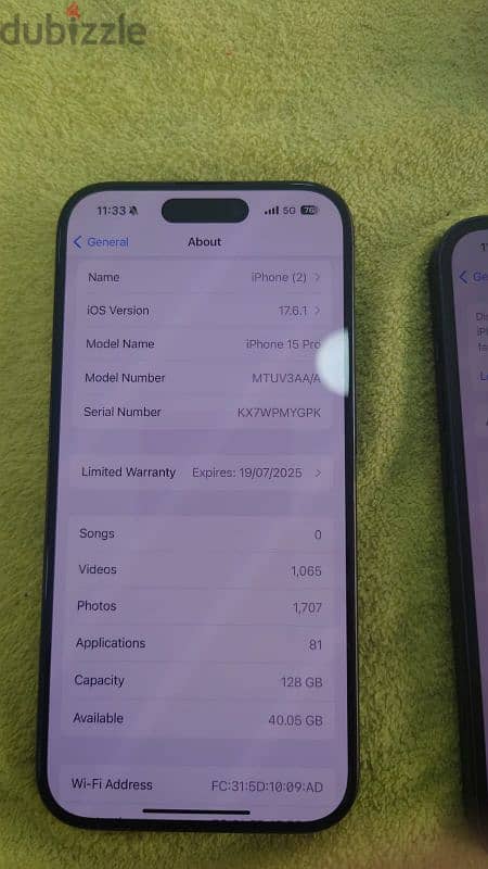 iPhone 15 Pro 128 GB 100% battery health warranty have 10 month 2