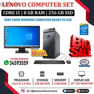 LENOVO Core i5 4th Generation Computer 19" Monitor 8GB RAM + 256GB SSD