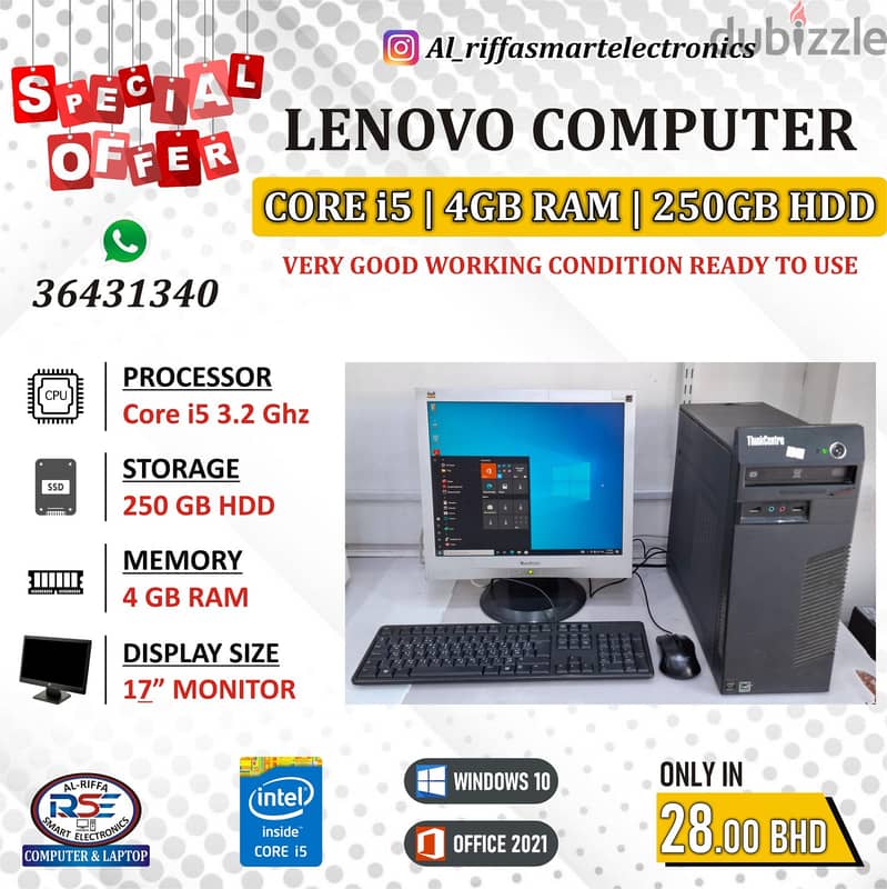 LENOVO Core i5 4th Generation Computer Set 4GB RAM + 250GB HDD 17" LCD 0