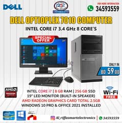 DELL Core i7 3.4GHz Computer 19" Monitor AMD Graphics 8GB RAM 256GB SD 0