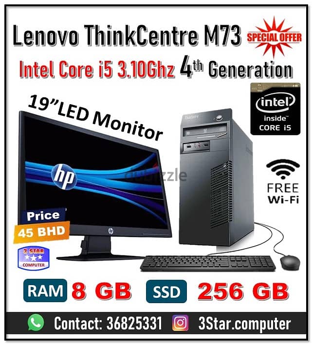 Lenovo Computer Set Core i5 4th Gen 19" Monitor 8GB RAM 256GB SSD 0