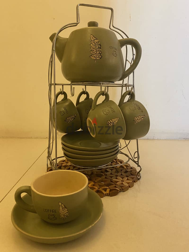 Elegant Ceramic Tea Set with Stand - 5 Cups & 6 Saucers 0