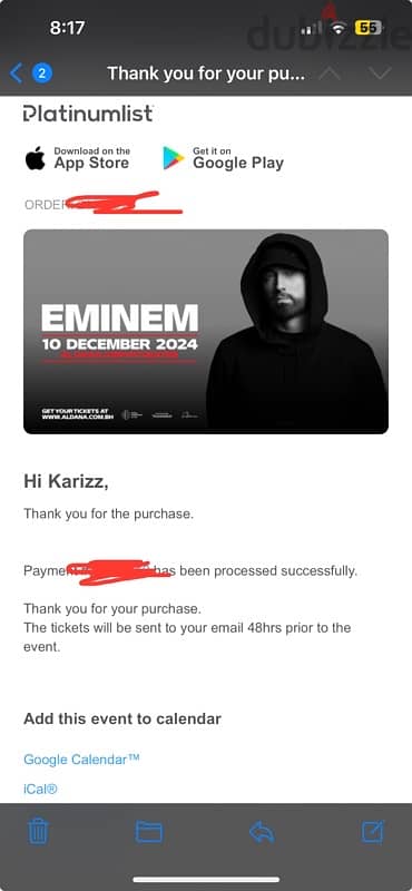 Selling 1 x B4 - Eminem Ticket 1