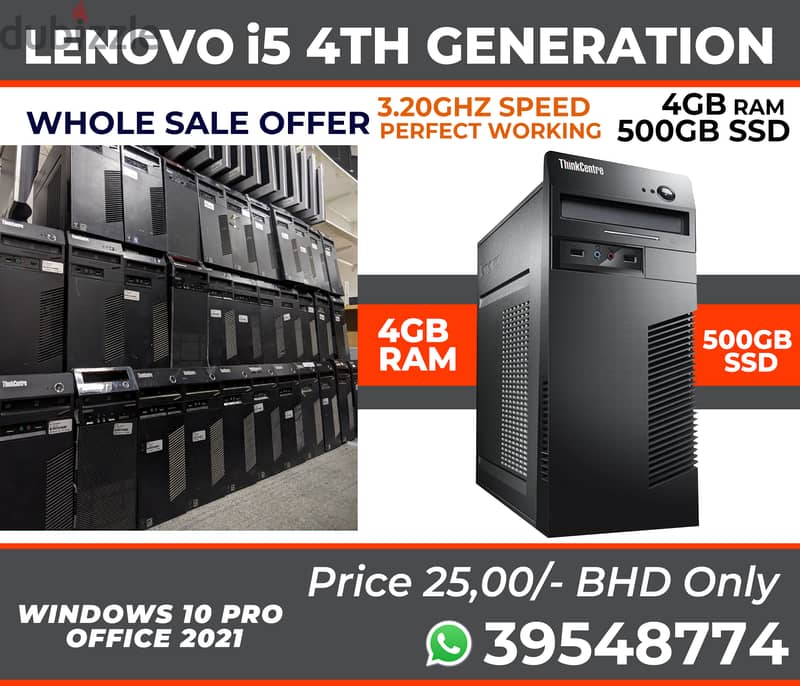 Lenovo Core i5 4th Gen Computer Set 4GB Ram 500GB HDD Cell: 39548774 0