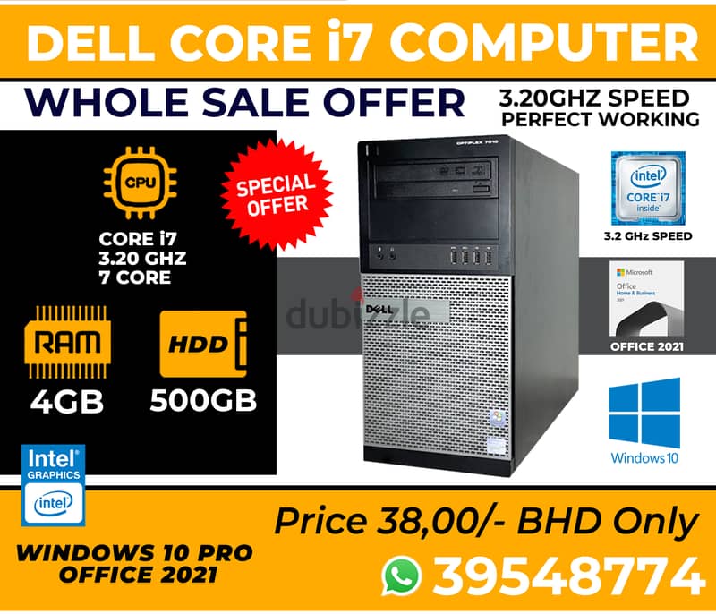 Dell Core i7 Computer 4GB Ram 500GB HDD Cell: 39548774 0