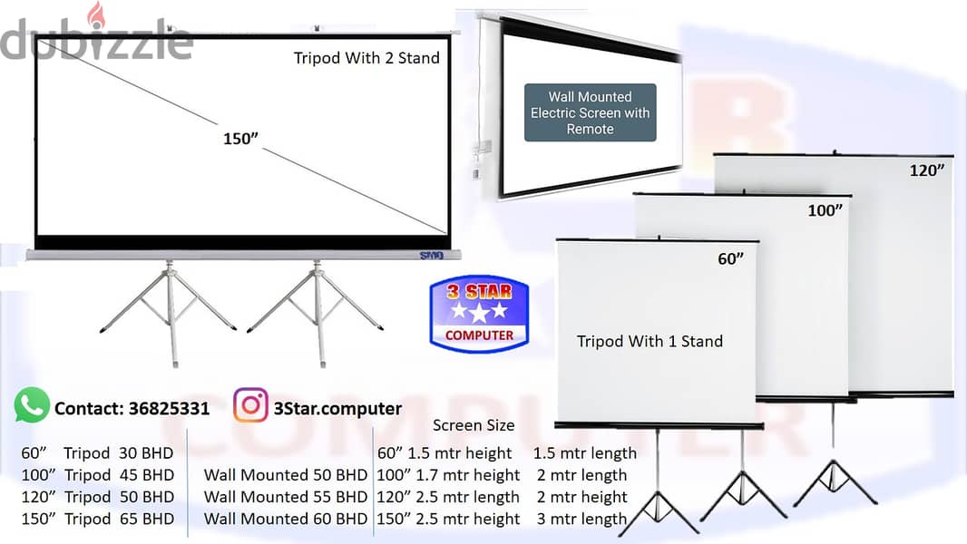 New BoxPack Projector Screen 60",80",120",150" Tripod Stand/Wal Mount 3