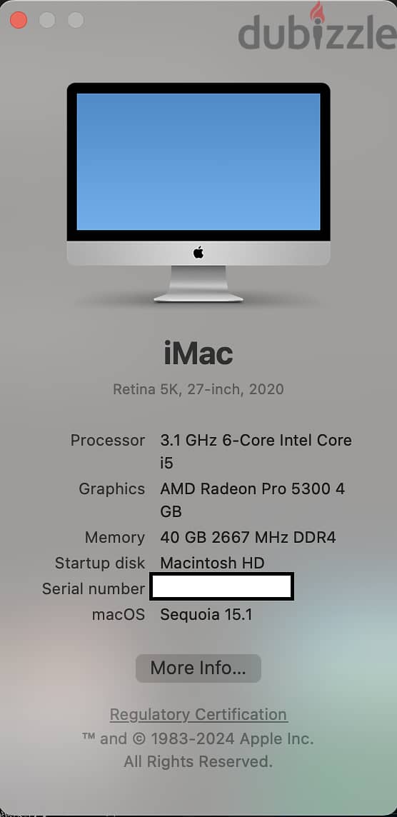 iMac 27-inch i5 (2020) , 40GB RAM , 256 SSD, Sequoia Version 15.1 1