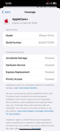 iPhone 15 pro 1tb natural 1/5 years Apple care warranty international 0