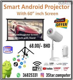 SmartBarry Android Wi-Fi Projector With 60"Tirpod Projector Screen 0