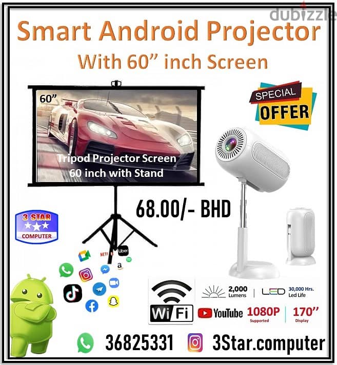 SmartBarry Android Wi-Fi Projector With 60"Tirpod Projector Screen 0