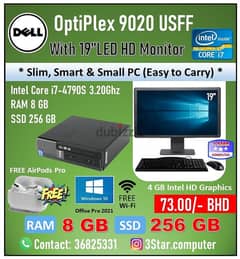 Dell Mini PC Core i7 3.20Ghz 4th Gen 8GB RAM 256GB SSD 19"LED Monitor 0