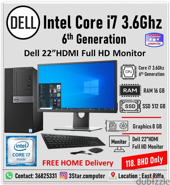 Dell Computer Set Core i7 3.6Ghz RAM 16GB SSD 512GB Dell 22"HDMI FHD 0